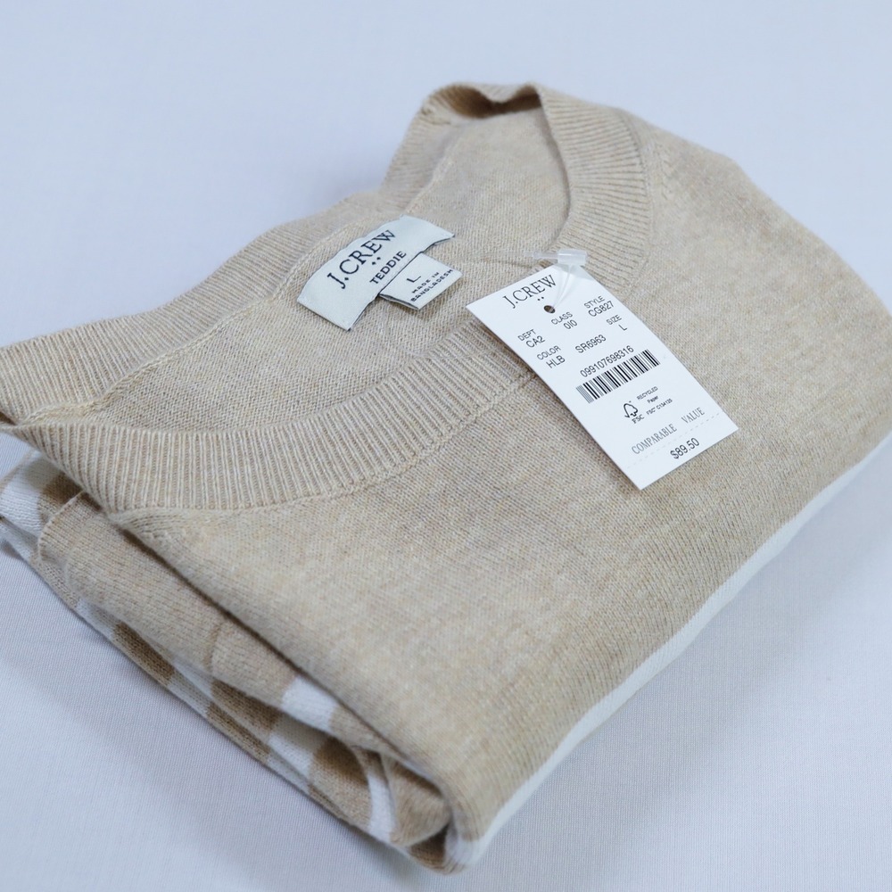 J.Crew Teddie Sweater Womens Large Tan White Striped Cotton Crewneck Coastal NWT - Picture 5 of 12
